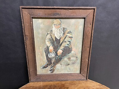 #ad Vintage 1961 Virginia Clarke painting on board of an old man holding a bowl $174.99