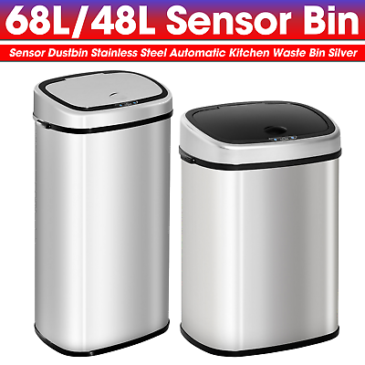 #ad Sensor Bin 68L 48L Automatic Kitchen Waste Dust Touchless Stainless Steel Silver GBP 69.99