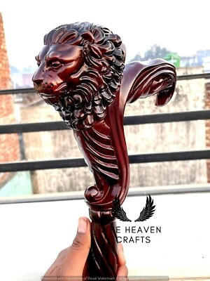 #ad Hand Carved Lion Head Handle Wooden Walking Stick Handmade Walking Cane Gift $93.06