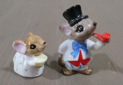 #ad Vintage Miniature Father amp; Baby Mouse Figurines Bone China Pipe Top Hat Pair $14.99