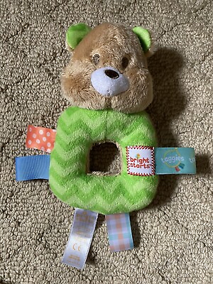 #ad Bright Starts Taggies Tan Green Teddy Bear Baby Rattle Stuffed Animal Toy EUC $13.00