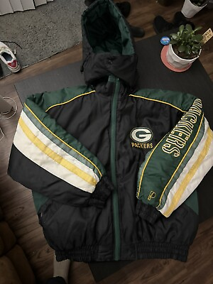 #ad VTG Green Bay Packers Jacket Mens 2XL Pro Player Puffer Hooded 90s Vintage $125.00
