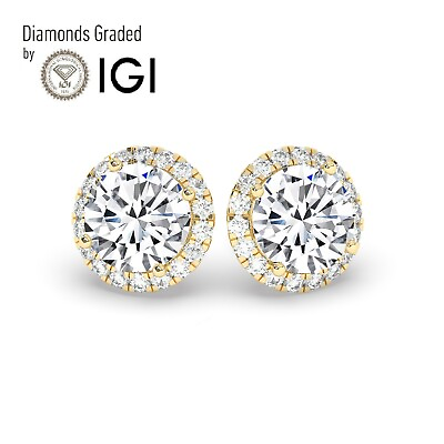 #ad Round 6ct Solitaire Halo 18K Yellow Gold Studs Earrings Lab grown IGI $4172.40