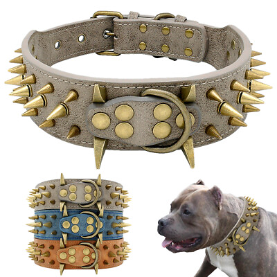 #ad 2inch Wide Spiked Studded Dog Collar PU Leather Adjustable Medium Large Pitbull $26.99