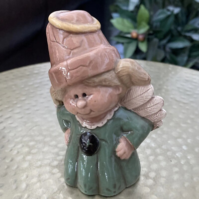 #ad Vintage Angel Ceramic Figurine with Flower Pot Hat 4.25” Cute $7.70