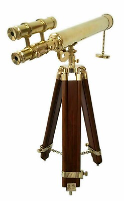 #ad Maritime Solid Brass Telescope Double Barrel Vintage Handmade With Wooden Tripod $102.93