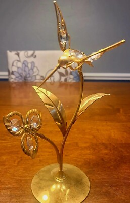 #ad Brass Hummingbird Figurine Mascot international Mid Century Crystal Flowers $30.00