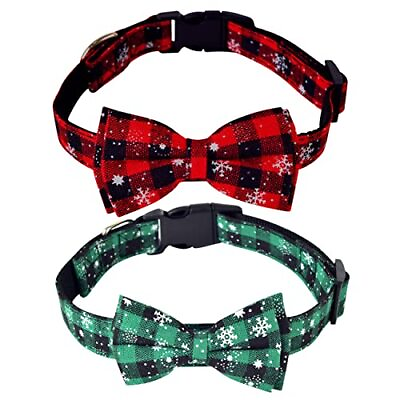 #ad 2 Pack Christmas Dog Collar with Bow Tie Adjustable Red Green Plaid Large $11.37