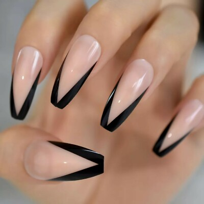 #ad 24 Nude Black Rim V Shape Press On Nails w Glue Coffin extra long french tip $9.99