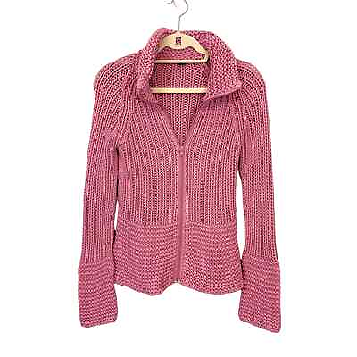 #ad Women#x27;s Pink Cotton Blend High Neck Long Sleeve Knitted Full Zip Sweater Large $45.00