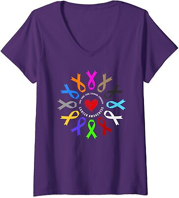 #ad Cancer Awareness Fight Cancer Ribbon Family Gift Ladies#x27; V Neck Tshirt $21.99