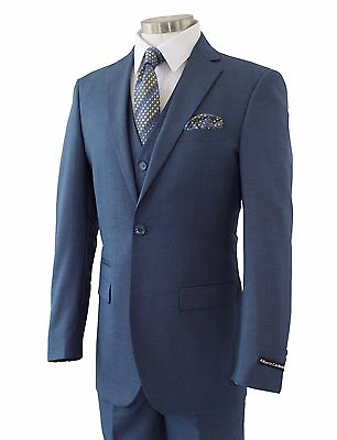 #ad Men#x27;s Medium Blue Sharkskin 3pc 2 Button Slim Fit Suit w Matching Vest NEW $109.95
