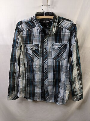 #ad Machine Mens Shirt Medium Gray Blue Plaid Long Sleeve Button Front Cotton $19.99