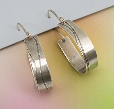 #ad Wave Texture Simple Drop Hoops Vintage Sterling Silver Earrings 4.5g $27.95