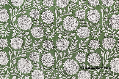 #ad 3 Yard Indian Cotton Hand Block Print Green Floral Beautiful Craft Sewing Fabric $19.79