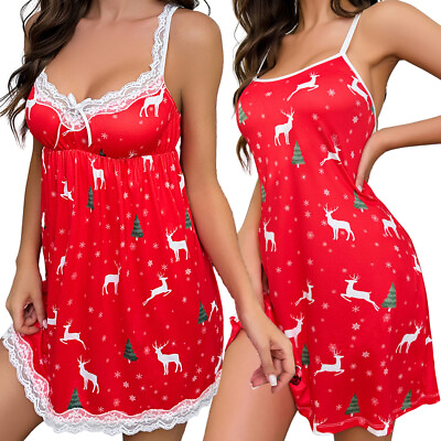 #ad Christmas Sexy Women Elk Printed Nightdress Pajamas Chemise Full Slips Nightgown $5.56