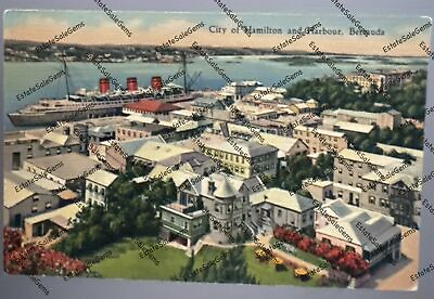 #ad Vintage Postcard City of Hamilton and Harbour Bermuda ocean liner dock town $45.00