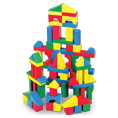 #ad Wooden Building Blocks Set 100 Blocks in 4 Colors and 9 Shapes $19.91
