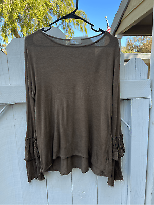 Y2K Bell Sleeve Top Large 1775 Brown Stretchy Shirt $16.98
