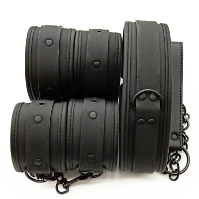 #ad PU Leather Wrist Collar Ankle Cuffs Restraints Bondage Handcuffs with Chain BDSM $9.59