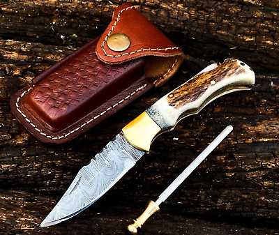 #ad SHARDBLADE Hand Forged Damascus Steel Folding Pocket Knife Stag Antler Handle $34.19