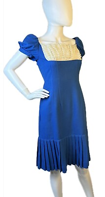 #ad 1940s Vintage Blue Wool Pleated Dress Lace Bodice Short Sleeve XS X Small JS $39.73