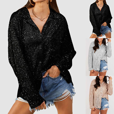 #ad Womens Sequin Long Sleeve Shirts Ladies Buttons Evening Party Shiny Blouse Tops $18.99