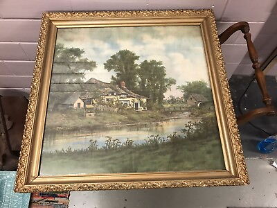 #ad ANTIQUE VTG BEAUTIFUL SQUARE GOLD GESSO FRAMED COUNTRY COTTAGE SCENE 26 1 4” $250.00