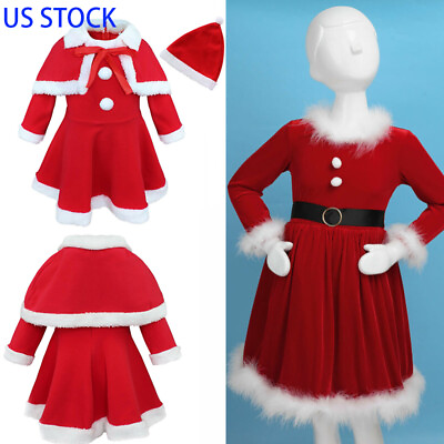 US Kids Christmas Costumes Girls Velvet Long Sleeves Santa Claus Dress up $5.57