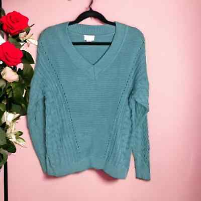 #ad Caslon Womens Size Small Sweater Oversized Cable Knit VNeck Pullover Blue Green $15.95