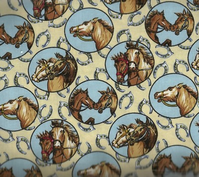 #ad Ride Em Cowboy horse head horseshoes western Exclusively Quilters fabric $10.99