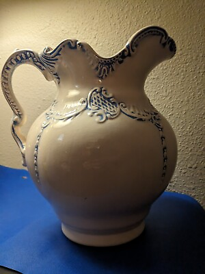 #ad Vintage Studio Pottery White And Blue Ceramic Pitcher $34.99