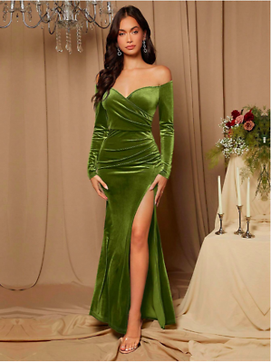 #ad Olive Green Belle Off Shoulder Split Thigh Velvet Bridesmaid Dress Sz XS S M L $53.99