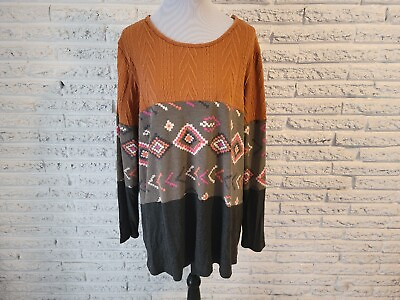 #ad Now N Forever Womens Top 3X Tunic Pullover Brown Geometric Poly Blend USA Casual $22.39