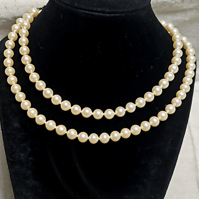 #ad Vintage Long Glass Faux Pearl Sautoir Length Individually Knotted Necklace $28.00