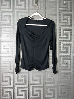 #ad $50 Inc Stretch Ruched Fitted Long Sleeve Sweetheart Neckline Top Black Small $14.61