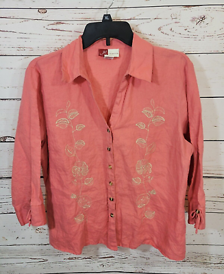 #ad JM Collection Peach Embroidered 100% linen 3 4 Sleeve Top Women#x27;s Size 14P $16.72