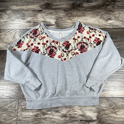 #ad Free People Oversized Sweatshirt Womens XS Gray Red Flowers Floral Mesh Lace Top $11.97