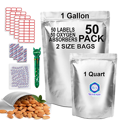 #ad 50 Pcs Mylar Bags for Food Storage With Oxygen Absorbers Resealable 9 Mil $14.99
