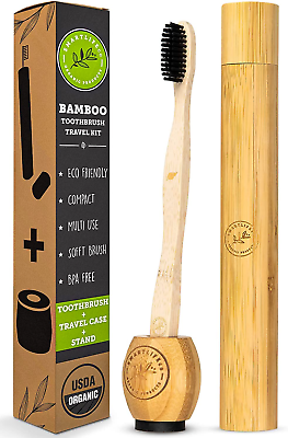 #ad Bamboo Charcoal Toothbrush with Travel Case amp; Holder Kit Extra Soft Natural $12.99