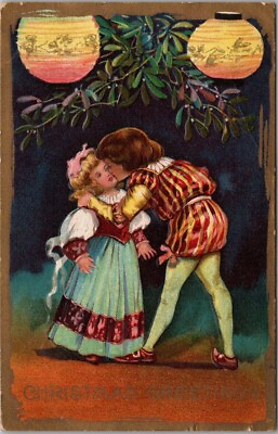 #ad Vintage CHRISTMAS Postcard Boy Kissing Girl Under Mistletoe AMP CO 1909 Cancel $7.00