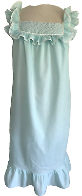 #ad Vintage Tiffany Blue Sleep Dress Cotton Lingerie with Eyelets and Flutter Sleev $27.00