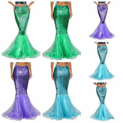 #ad Womens Mermaid Tail Halloween Costume Party Fish Scale Shiny Metallic Long Skirt $22.81