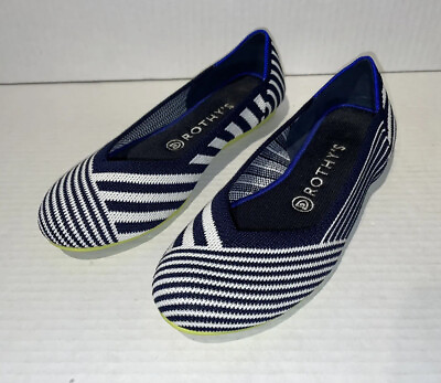 #ad Rothy#x27;s Round Toe Flats Navy Blue White Stripe Sz 8.5 Lime Green Sole Shoes EUC $79.99