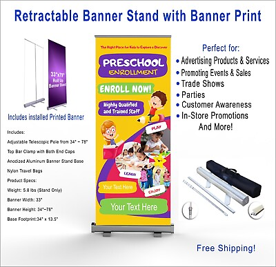 #ad PreSchool Enrollment Retractable Roll Up Banner Stand 33x78 with Printed Banner $164.95