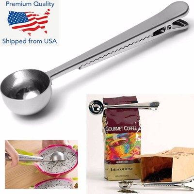 #ad New Stainless Steel Ground Coffee Measuring Scoop Spoon With Bag Seal Clip $6.99