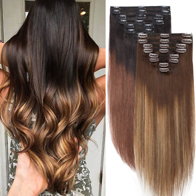 #ad US Long Thick Double Weft Clip In 100% Remy Human Hair Extensions Balayage Ombre $169.59