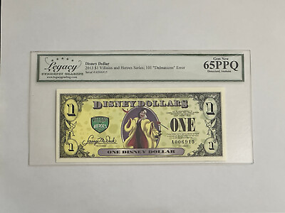 #ad 2013 $1 Disney Dollar Cruella 65PPQ DALMATIONS ERROR DISNEYLAND ANAHEIM 6915 $300.00