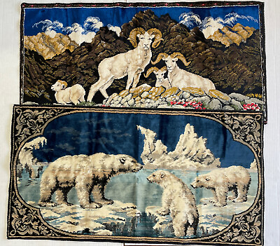 #ad 2 MCM Tapestry Long Horn Sheep Ram Polar Bears Vintage Wall Hangings 38x19 $59.99