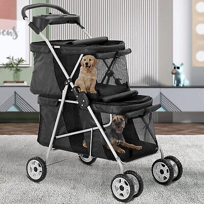 #ad 4 Wheels Pet Stroller 2 Cages Stroller Cat Dog Travel Folding Carrier Black $84.54
